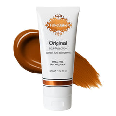 Fake Bake bottle front demonstrates the Original Self-Tanning Lotion for natural bronzing.