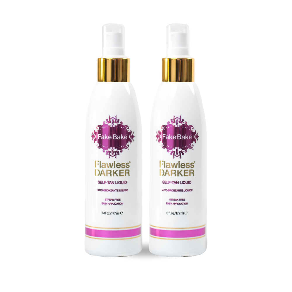 Fake Bake self-tanning liquid dark bottle shows streak-free bronze.