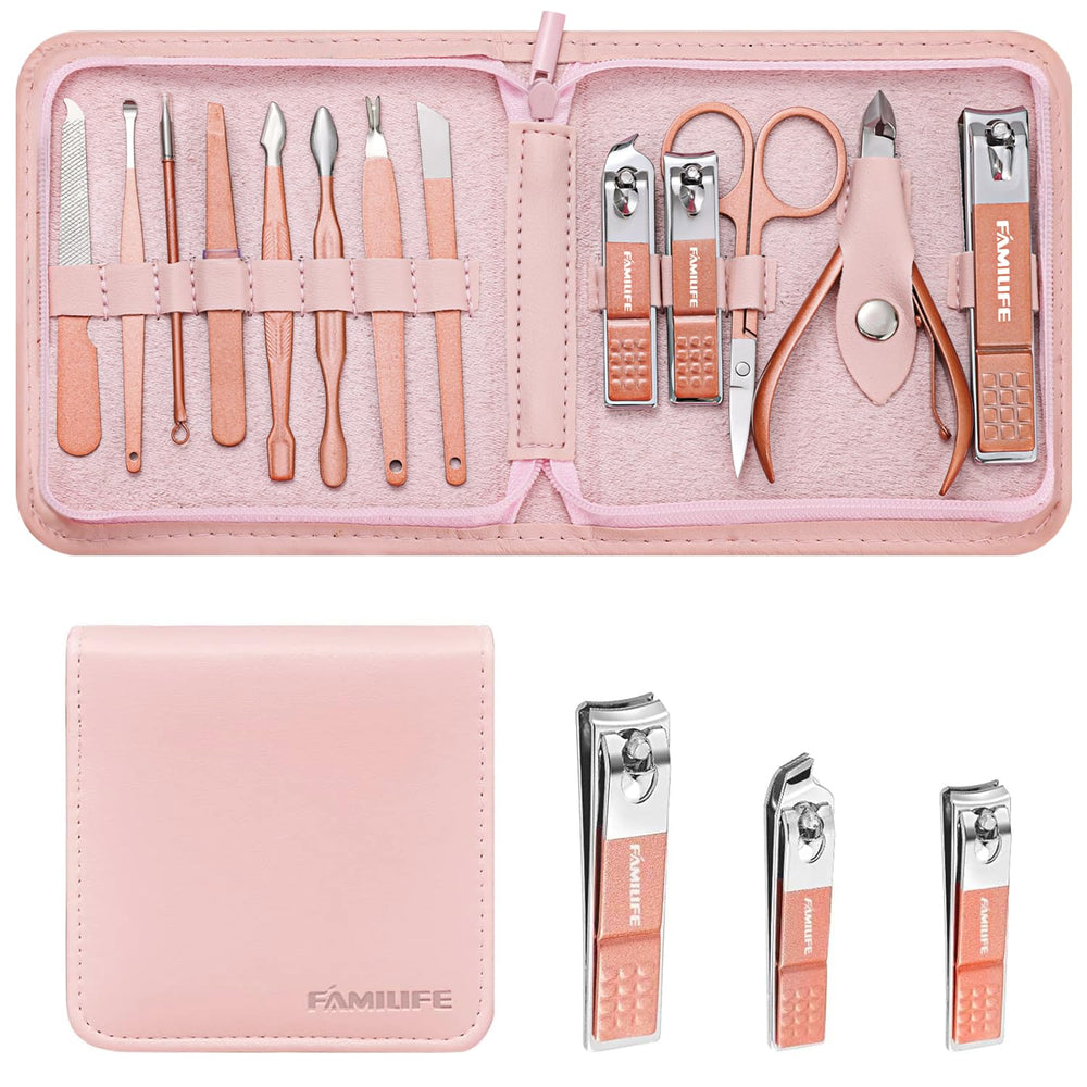 FAMILIFE Manicure Set pink case shows portable travel-ready storage for on-the-go grooming.