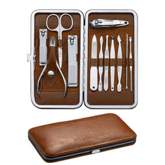 FAMILIFE manicure set travel case, premium brown leather storage for organized grooming on the go