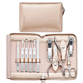 FAMILIFE rose gold leather case open showing organized manicure tools for travel convenience