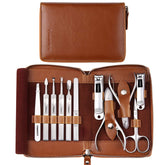FAMILIFE manicure set case open showing organized leather travel case for on-the-go grooming.