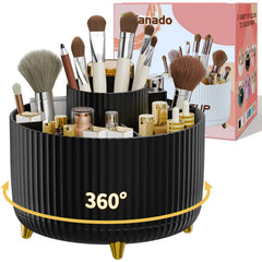 Fanado 360° rotation organizer on vanity for quick access to makeup tools.