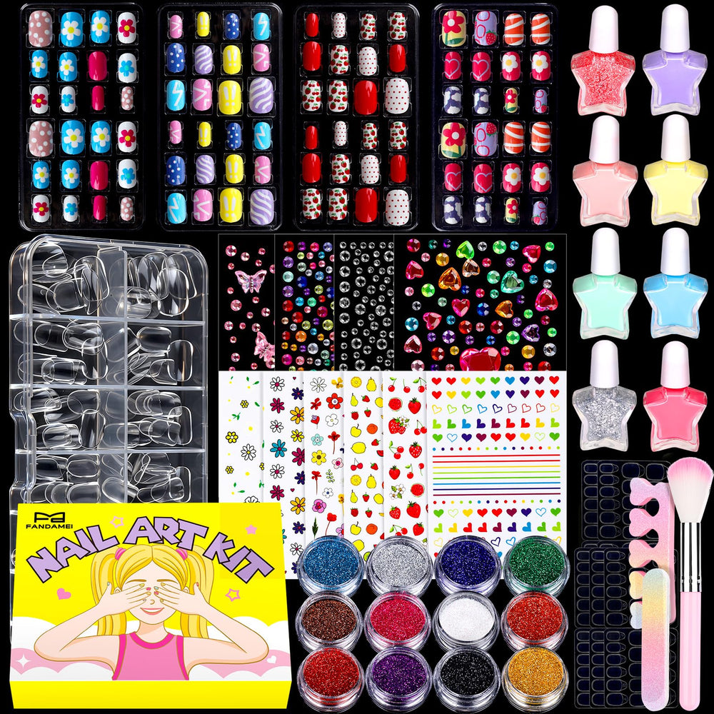 FANDAMEI kids press-on nails in bright styles for quick, mess-free manicures.