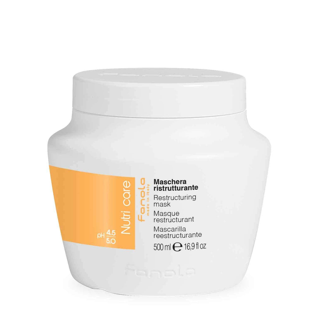 Fanola deep-conditioning hair mask bottle closeup for hydrated, nourished hair.