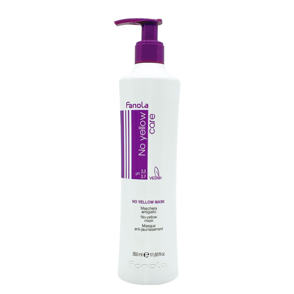 Fanola No Yellow purple hair mask bottle neutralizes brassy tones and conditions.