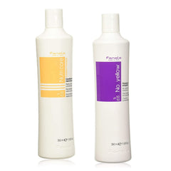Fanola No Yellow Shampoo bottle pour shows violet toning for cool blondes.