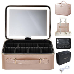 Faquenc leather makeup case with LED mirror shows portable makeup on the go for precision.