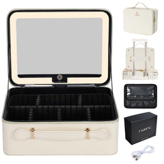 Faquenc Leather Makeup Case front view highlights organized compartments for travel efficiency.