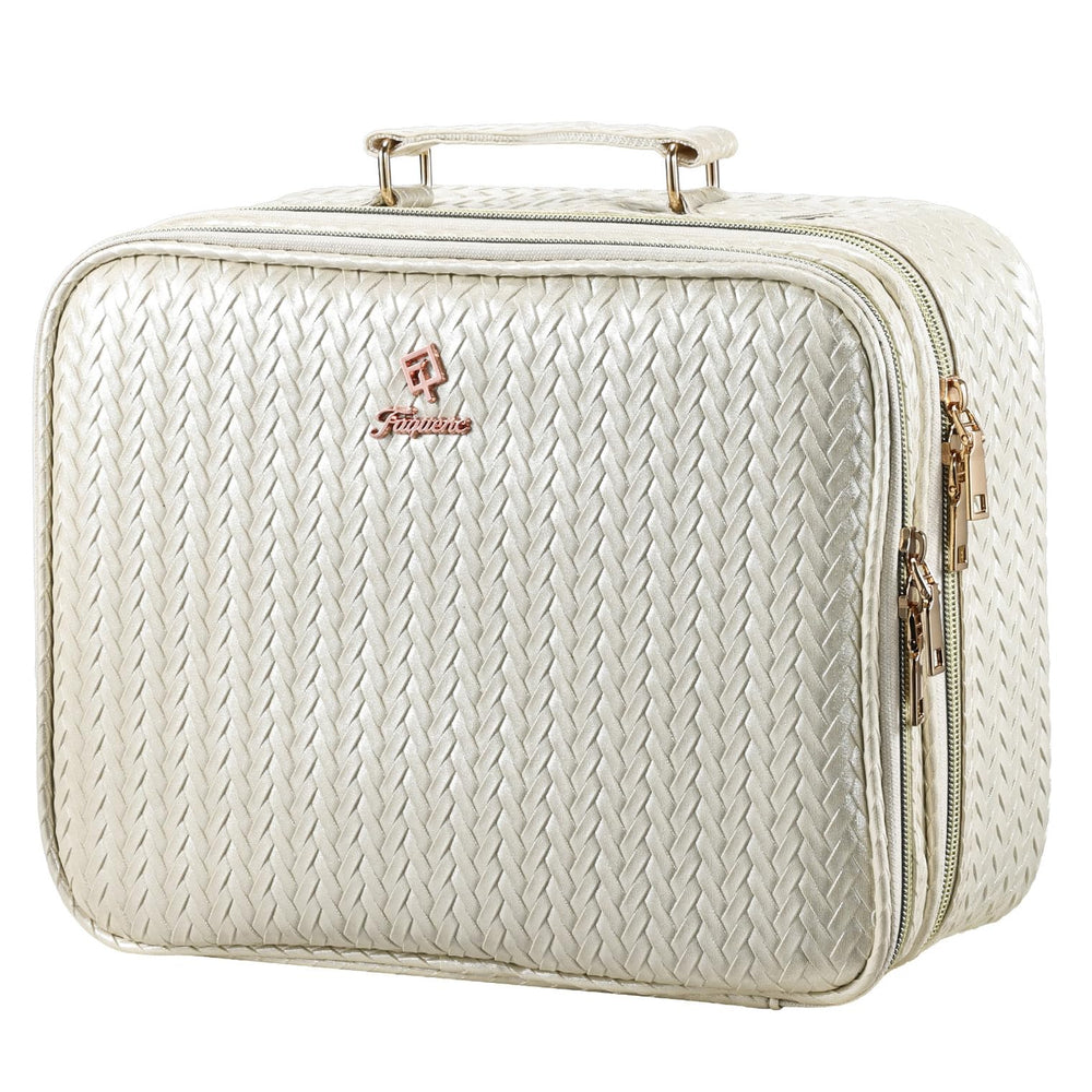 Faquenc makeup bag LED mirror closed view shows portable travel design and beige finish