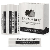 Farm & Bee lip balm packaging label; unscented, natural ingredients.