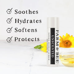 Farm & Bee lip balm stick application for smooth lips.