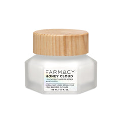 Farmacy Honey Cloud Moisturizer jar closeup shows weightless hydration for oily skin.