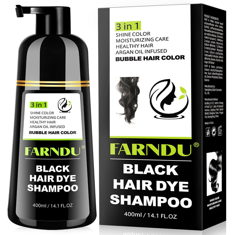 Farndu Black Hair Dye Shampoo bottle for easy application and gray coverage.