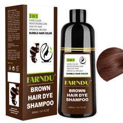 Farndu Brown Hair Dye Shampoo bottle with pump for quick at-home color.