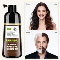 Farndu Brown Hair Dye Shampoo ingredients label highlights argan and olive oils for moisture.