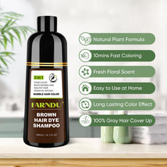Farndu Brown Hair Dye Shampoo packaging highlights herbal ingredients.
