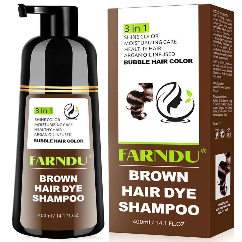 Farndu Brown Hair Dye Shampoo packaging emphasizes the 3-in-1 at-home color benefit.