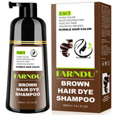 Farndu Brown Hair Dye Shampoo packaging emphasizes the 3-in-1 at-home color benefit.