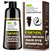 Farndu dark brown hair dye shampoo bottle highlights 3-in-1 color and gray coverage.