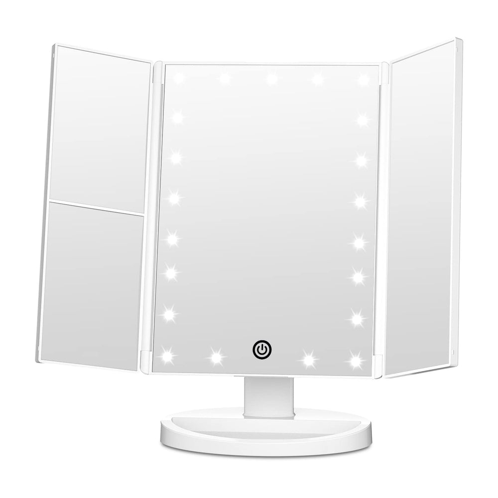 FASCINATE Trifold Mirror left panel 2x magnification for precise brow shaping and skincare prep.