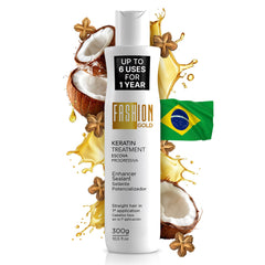 Fashion Gold keratin treatment bottle ready for at-home smoothing and frizz control.