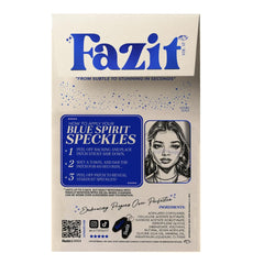 Fazit blue speckles patch on cheek demonstrates easy glitter accent for casual looks