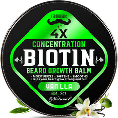 FEBOTE Biotin Beard Balm vanilla tin close-up shows nourishing formula for a fuller look.