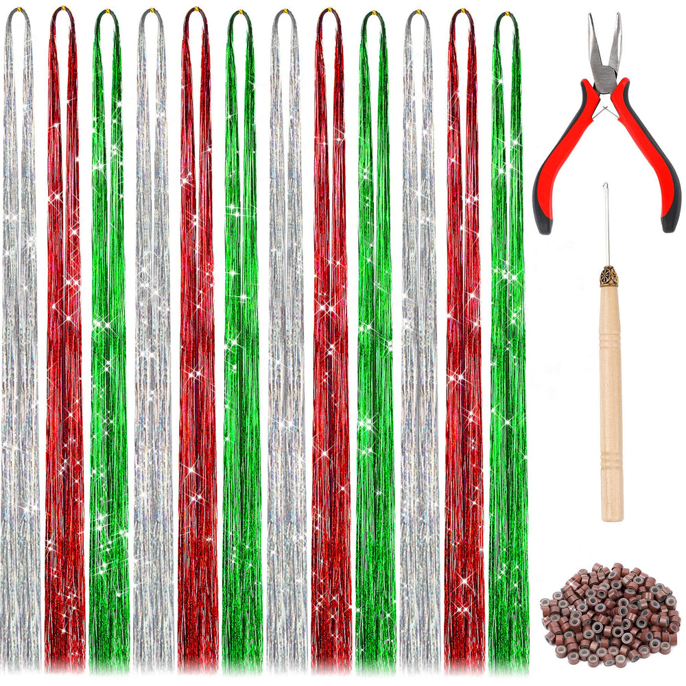 FEBSNOW 47-inch tinsel hair extensions rainbow kit for festival sparkle