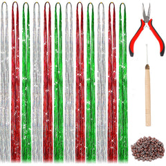 FEBSNOW 47-inch tinsel hair extensions rainbow kit for festival sparkle