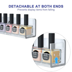 FEMELI nail polish shelf close-up highlights clear acrylic clarity for quick grabs.