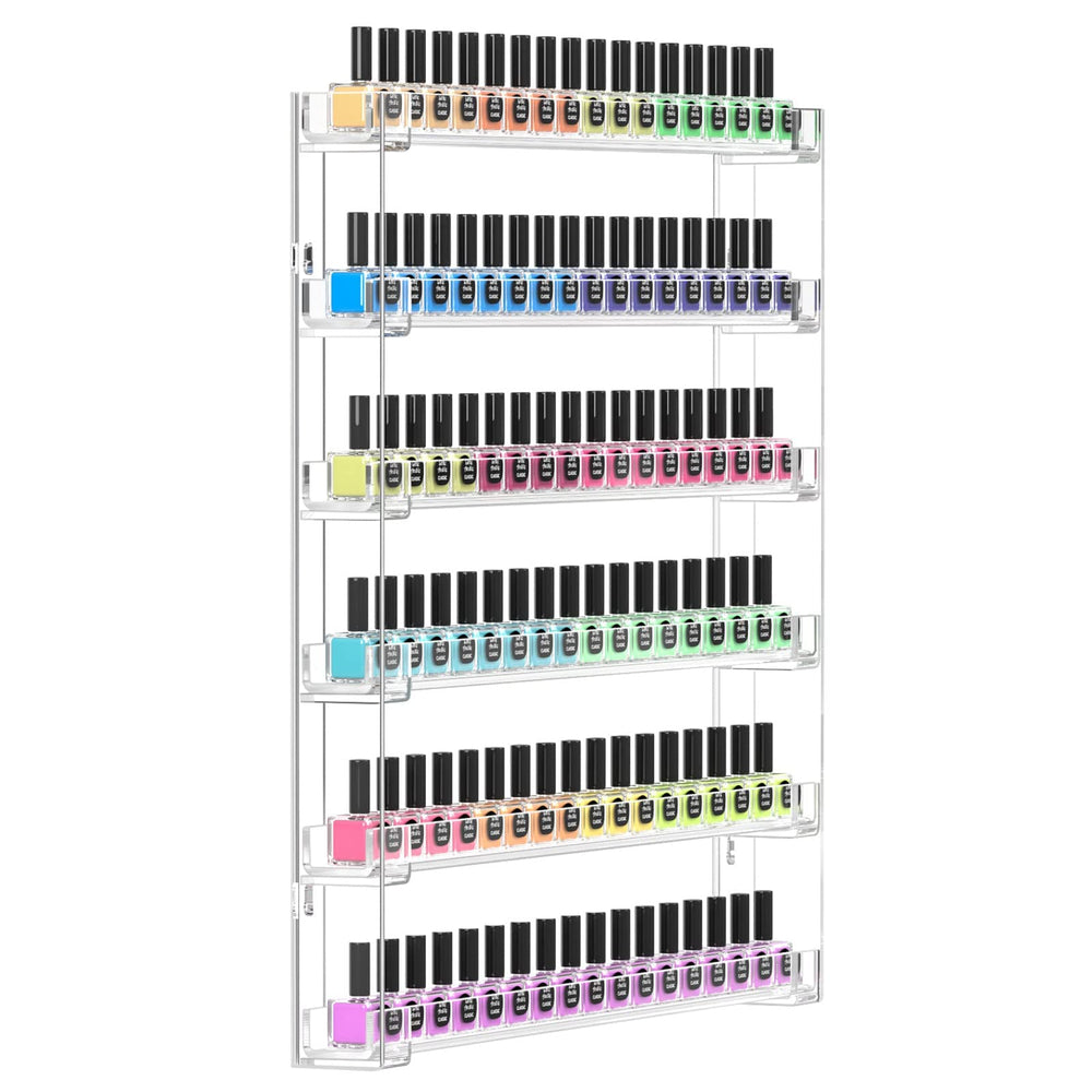 FEMELI nail polish wall rack front view shows clear acrylic shelves for organized display.