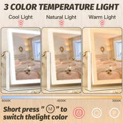 FENNIO Vanity Mirror with Lights 3-color modes showcasing cold, daylight, and warm lighting options