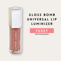 Fenty Beauty Gloss Bomb 02 Fussy swatch—universal shade with luminous shine.
