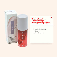 Fenty Skin Treatz lip oil close-up highlights glossy texture for instant moisture.