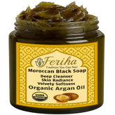 FERIHA Moroccan Black Soap bar close-up with argan oil for nourishing cleansing.