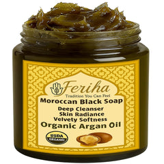 FERIHA Moroccan Black Soap bar close-up with argan oil for nourishing cleansing.