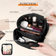Festivalment makeup bag 180-degree lay-flat design offers instant visibility.