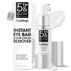 5th & Glow Cyabags eye serum tube close-up showing smooth texture and puffiness reduction