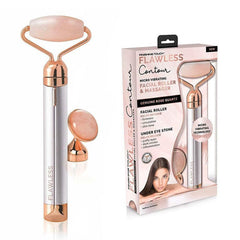 Finishing Touch Flawless Contour rose quartz roller close-up for soothing facial massage.