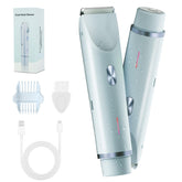 FIONOFY bikini trimmer dual-head closeup shows precise, gentle grooming for sensitive areas.