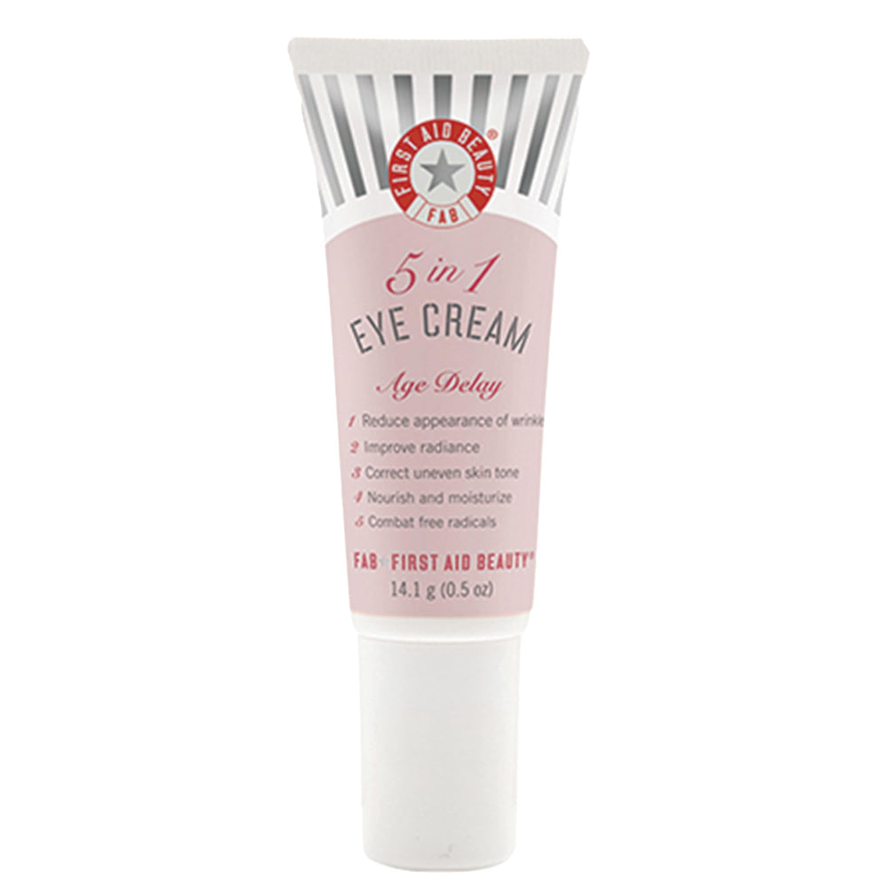 First Aid Beauty 5-in-1 Eye Cream jar highlights hydrating formula for delicate under-eye area