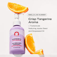 First Aid Beauty After-Shower Nourishing Body Oil application being rubbed into skin for nourishment