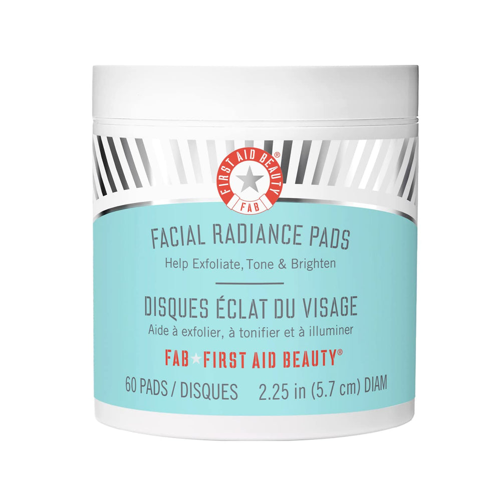 First Aid Beauty Facial Radiance Pads pack closeup highlights gentle exfoliation for smoother skin.