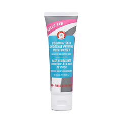 First Aid Beauty Hello FAB Coconut Skin Smoothie bottle pour highlights lightweight hydration and priming benefits.