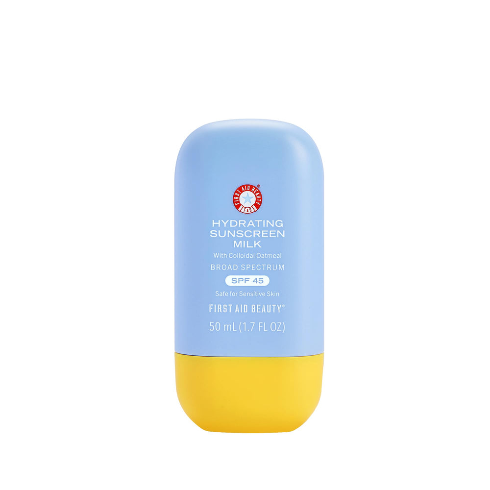 First Aid Beauty hydrating sunscreen milk bottle pour offers daily SPF 45 protection with a light feel