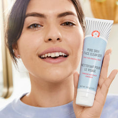 First Aid Beauty Pure Skin Face Cleanser close-up shows soft, non-drying formula.