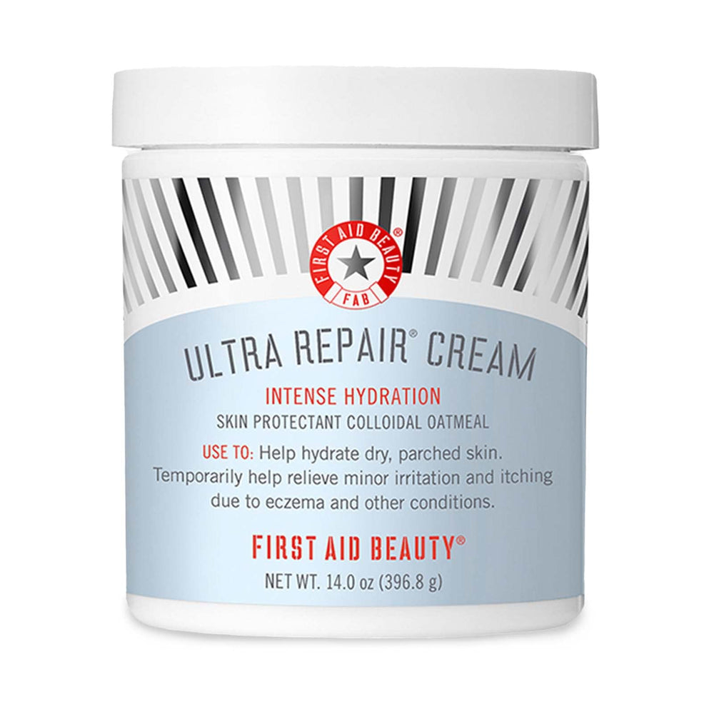 First Aid Beauty Ultra Repair Cream jar closeup highlights rich hydration for dry skin.