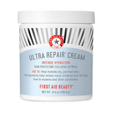 First Aid Beauty Ultra Repair Cream jar closeup highlights rich hydration for dry skin.