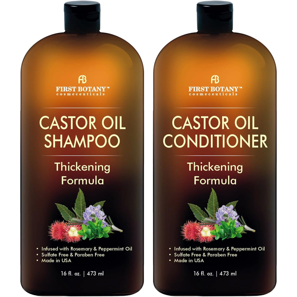 First Botany Castor Oil Shampoo bottle closeup with refreshing mint scent for scalp cooling.